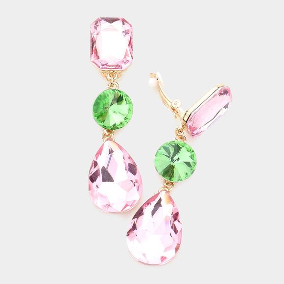 Clip on 3 1/4" gold, pink and green three stone dangle earrings - Picture 2 of 4